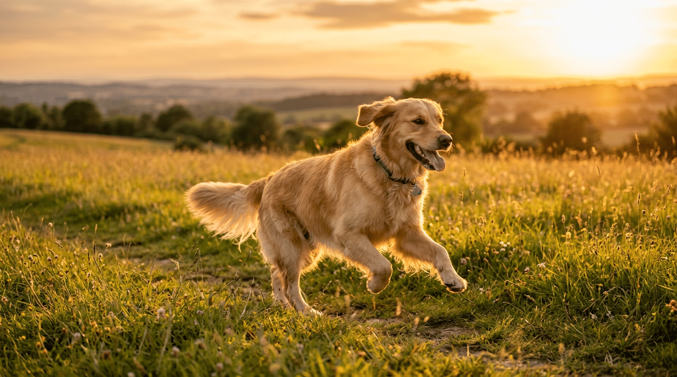 Male golden retriever running happily on a grassy field in golden hour light