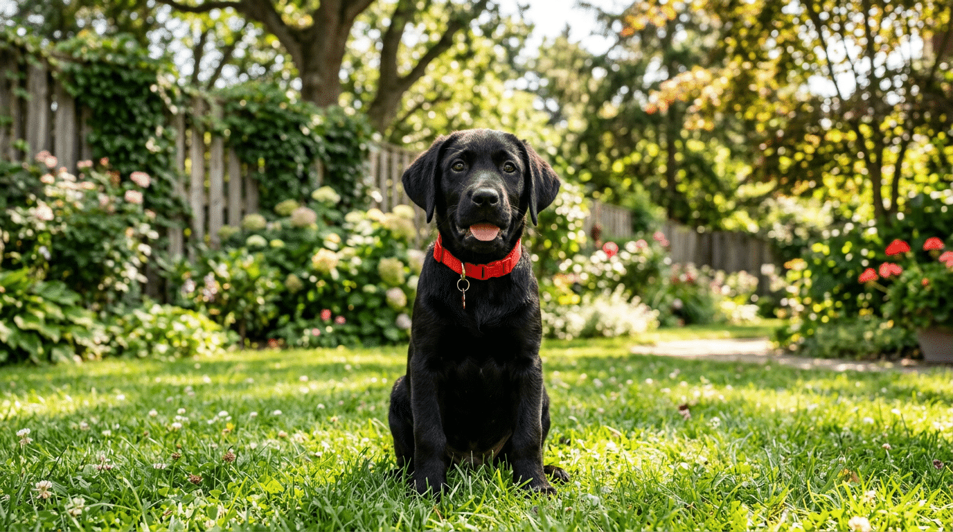 Black Labrador Retriever puppy with red collar sitting in sunny backyard