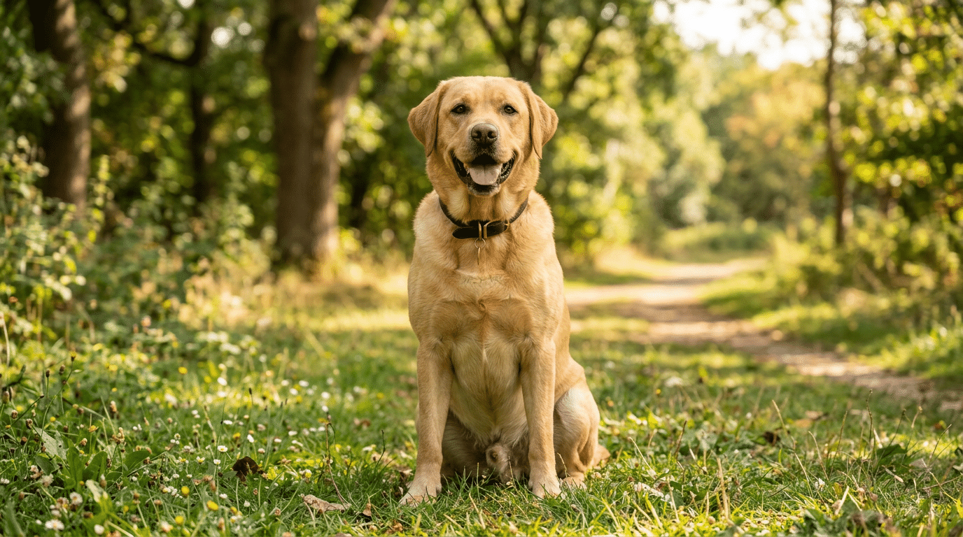 Yellow male Labrador Retriever sitting outdoors with happy expression