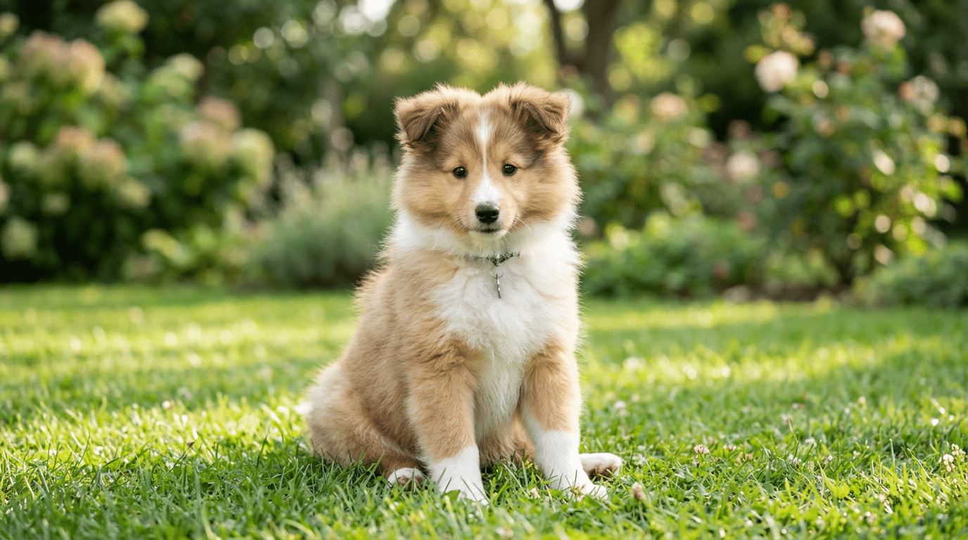 Fluffy male Sheltie puppy sitting on green grass outdoors
