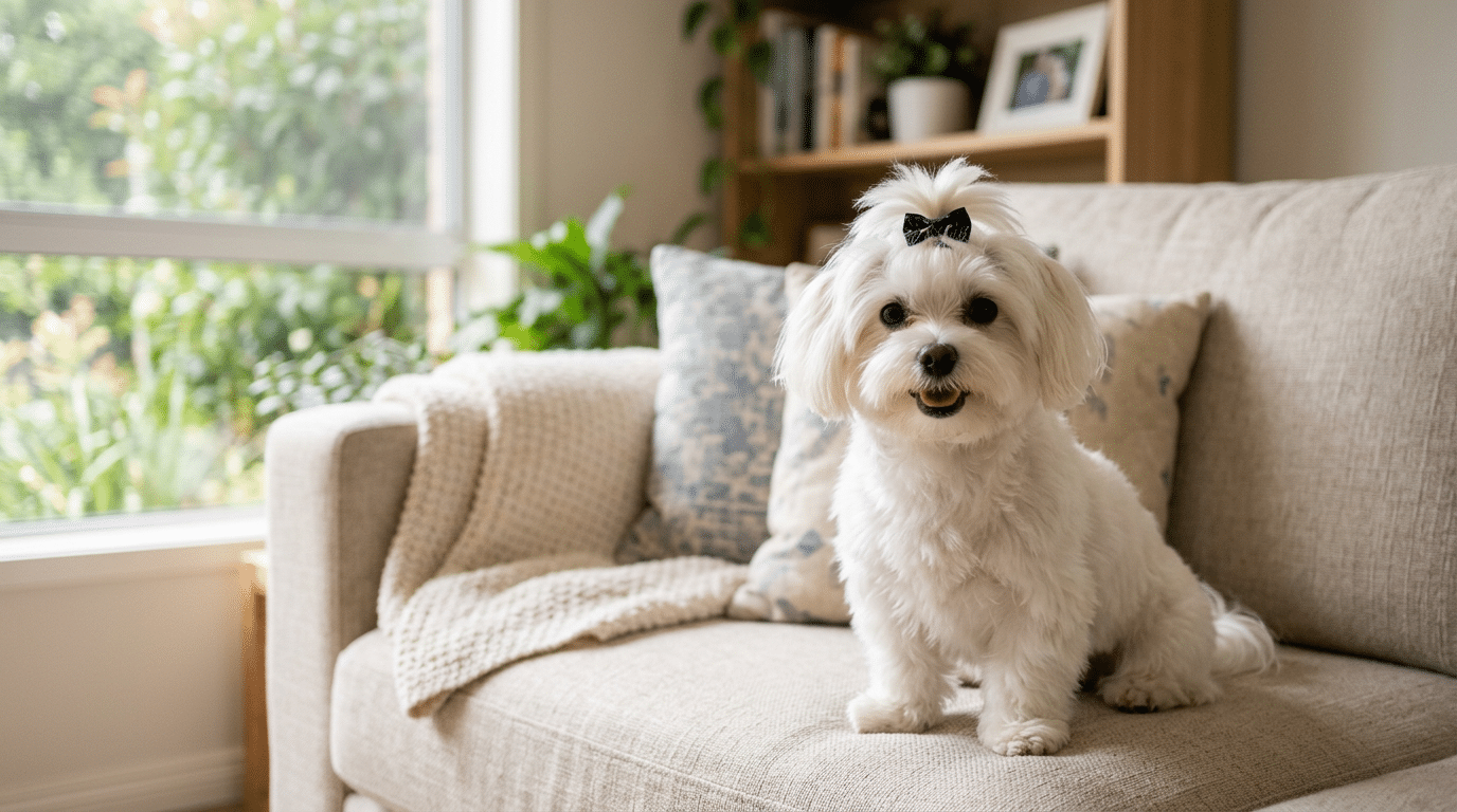 Small white Maltese dog sitting on a couch, looking happy and alert