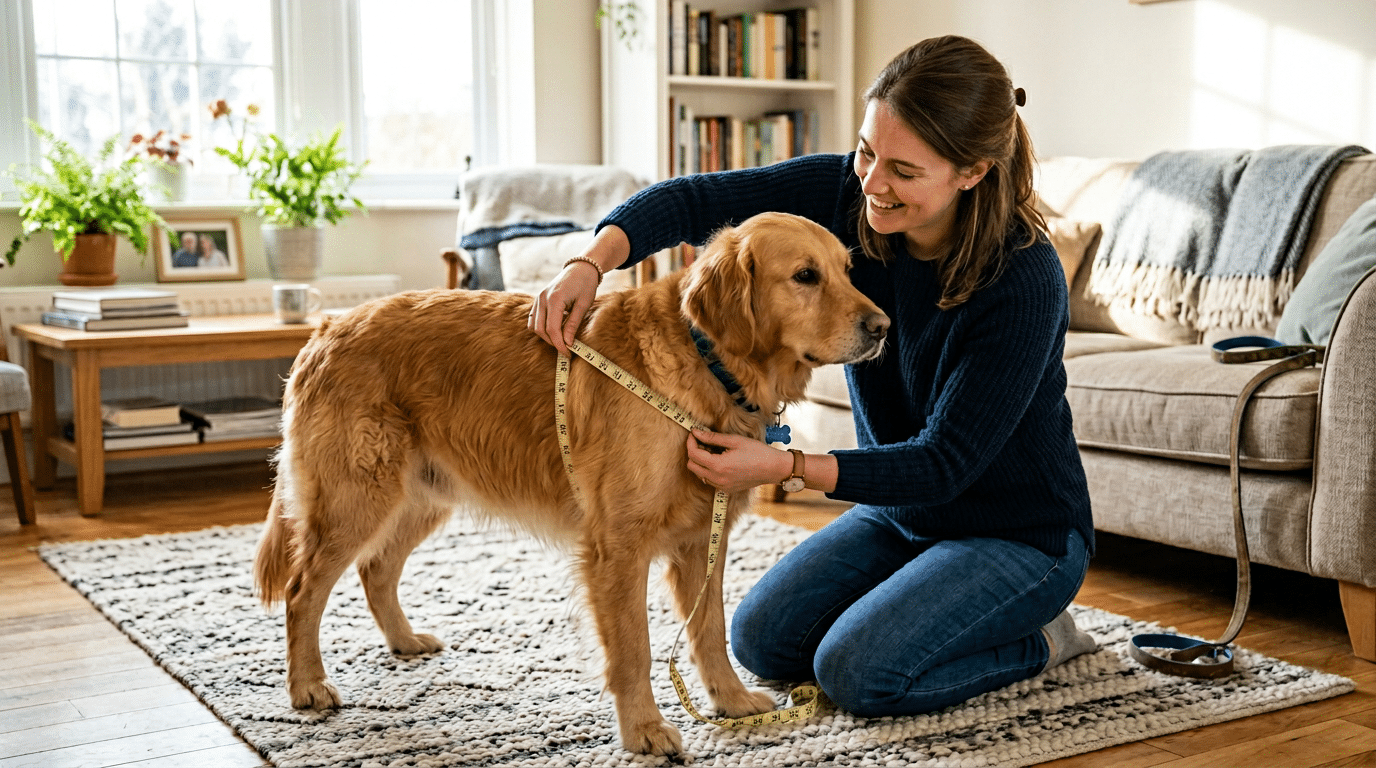 Dog owner measuring their dog's chest for a harness fitting