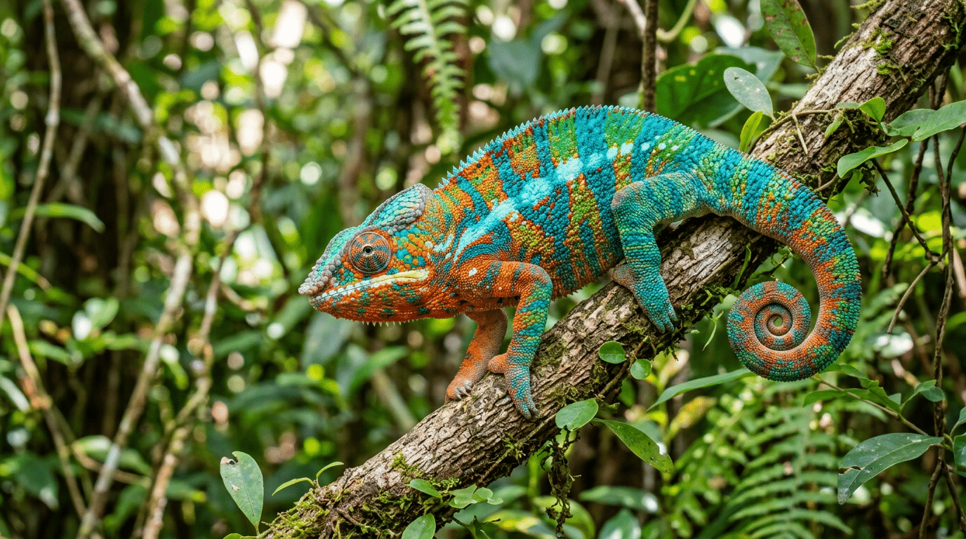 vibrant panther chameleon showing turquoise and orange colorful reptile