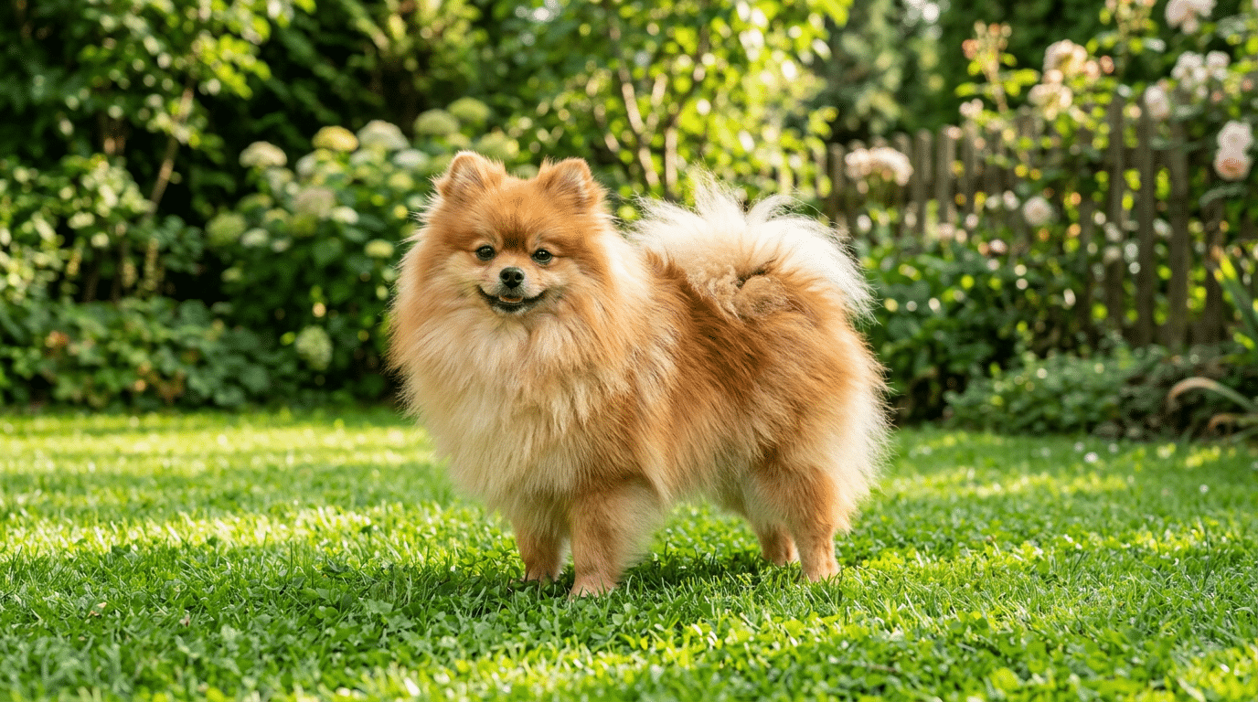 Adult Pomeranian at healthy weight standing on grass showing ideal body condition