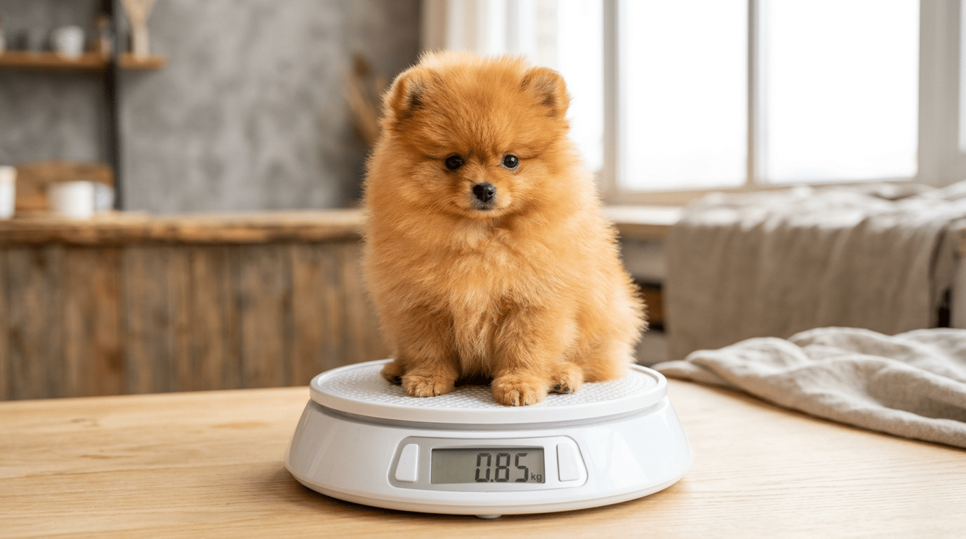 Pomeranian puppy sitting on a scale showing healthy weight tracking