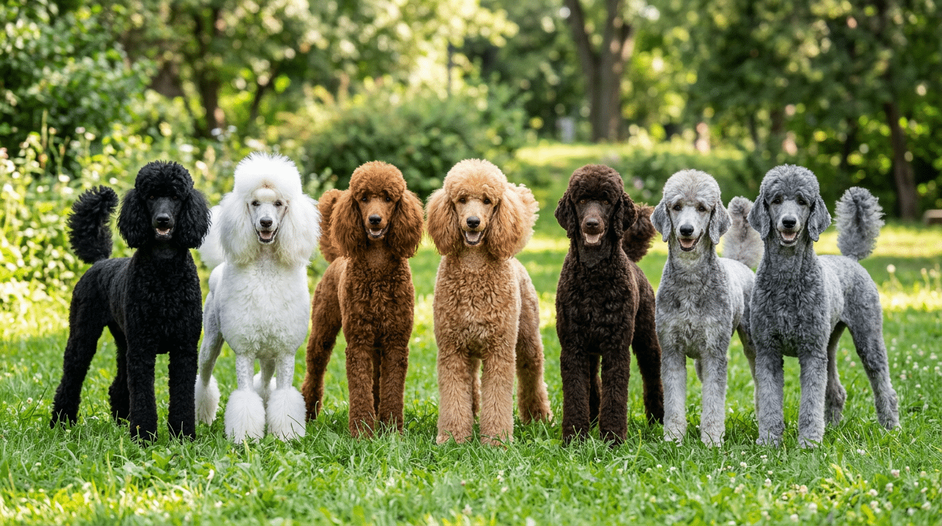 Group of Standard Poodles in different colors including black, white, red, apricot, and chocolate