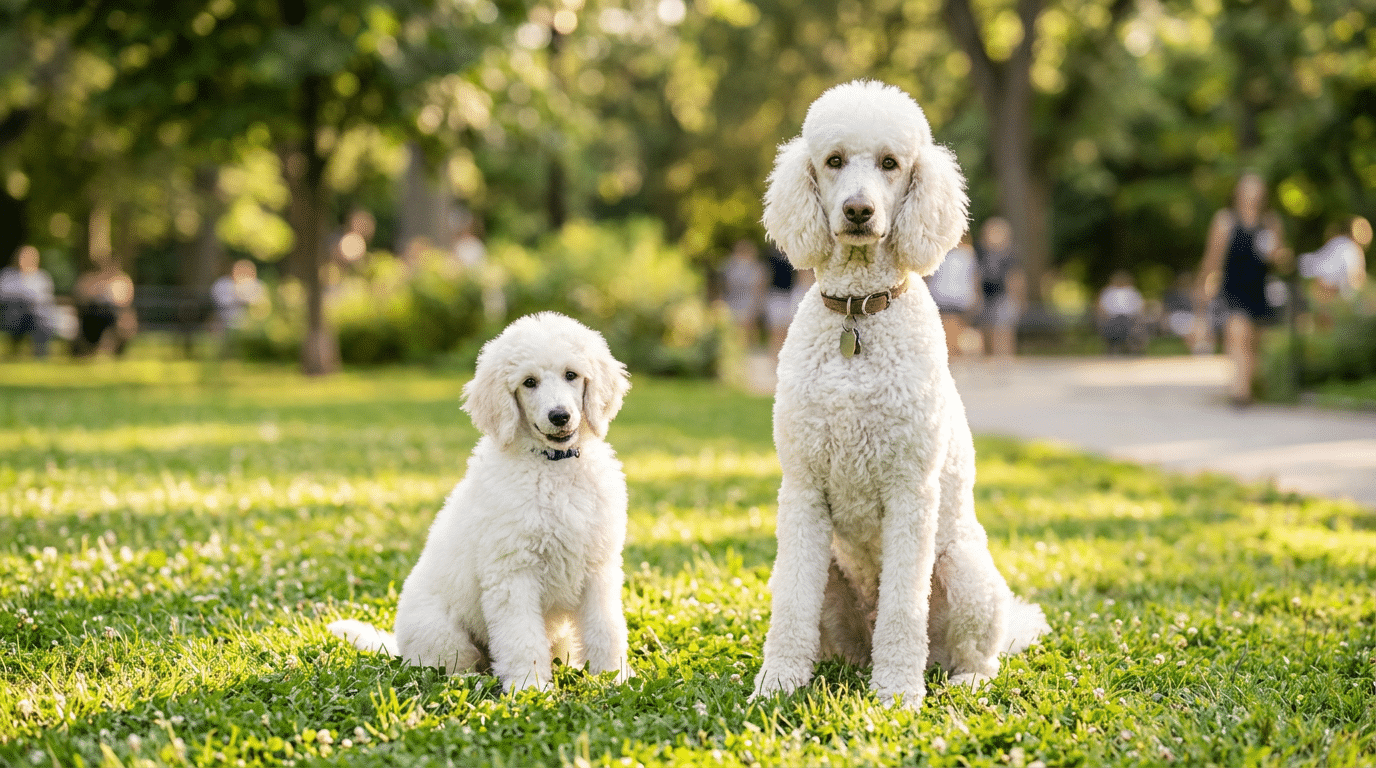 Poodle puppy and adult poodle sitting side by side in park showing growth progression