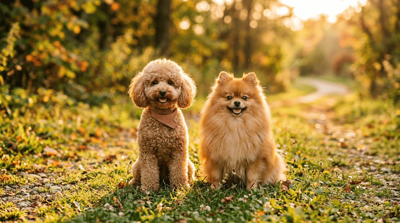 Poodle and Pomeranian sitting together outdoors - two popular dog breeds that start with P