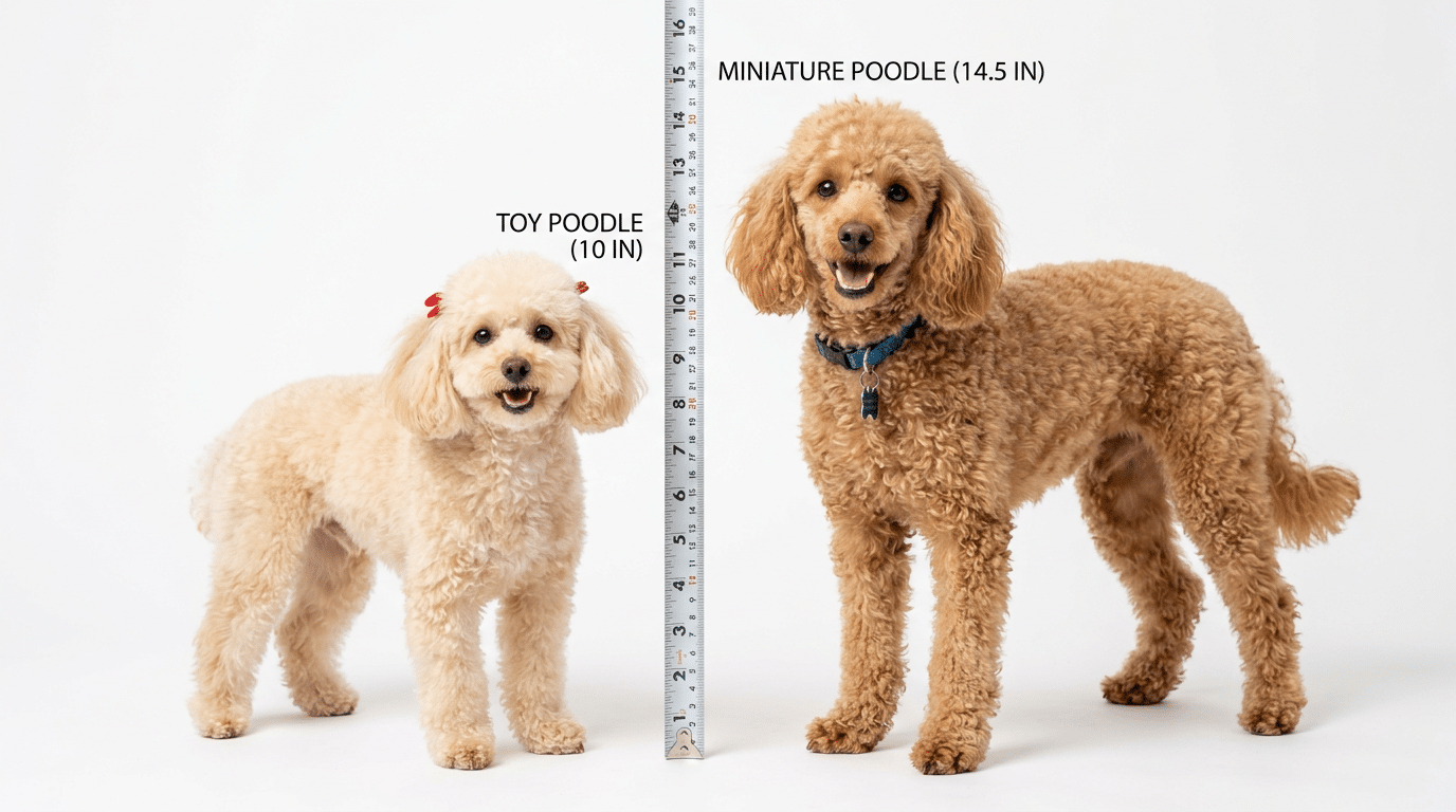 Toy Poodle and Miniature Poodle standing next to measuring tape showing size differences between poodle varieties