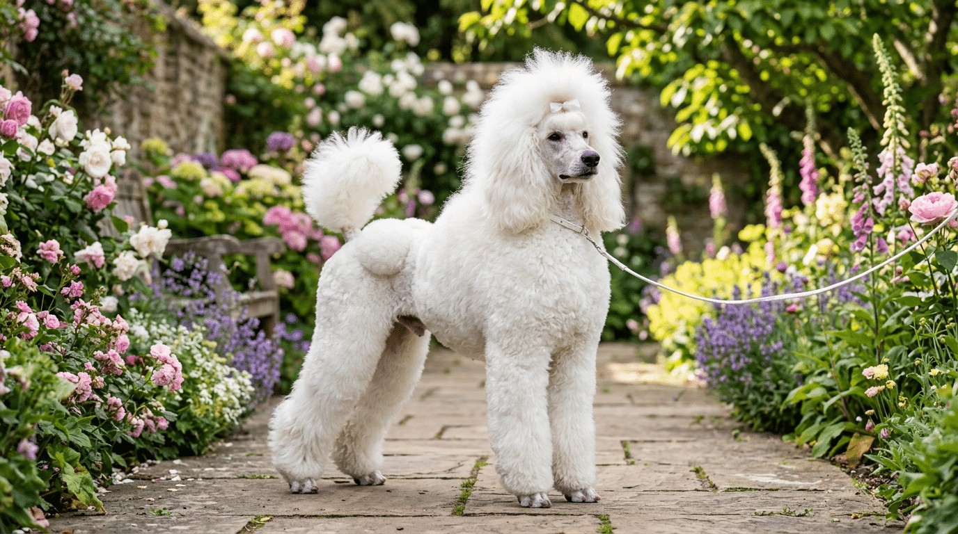 Elegant white Standard Poodle with classic show grooming in a garden setting