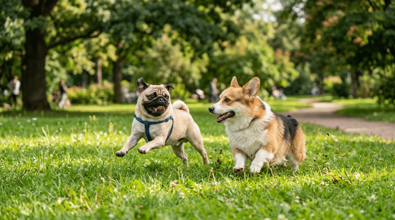 Pug and Pembroke Welsh Corgi playing together in a park - beloved dog breeds that start with P