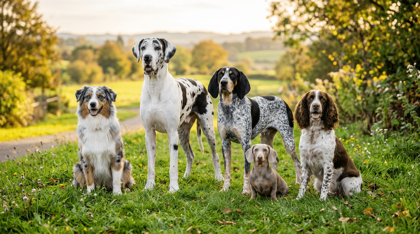 Dog breeds with rare coat colors including merle Australian Shepherd, harlequin Great Dane, and Isabella dachshund