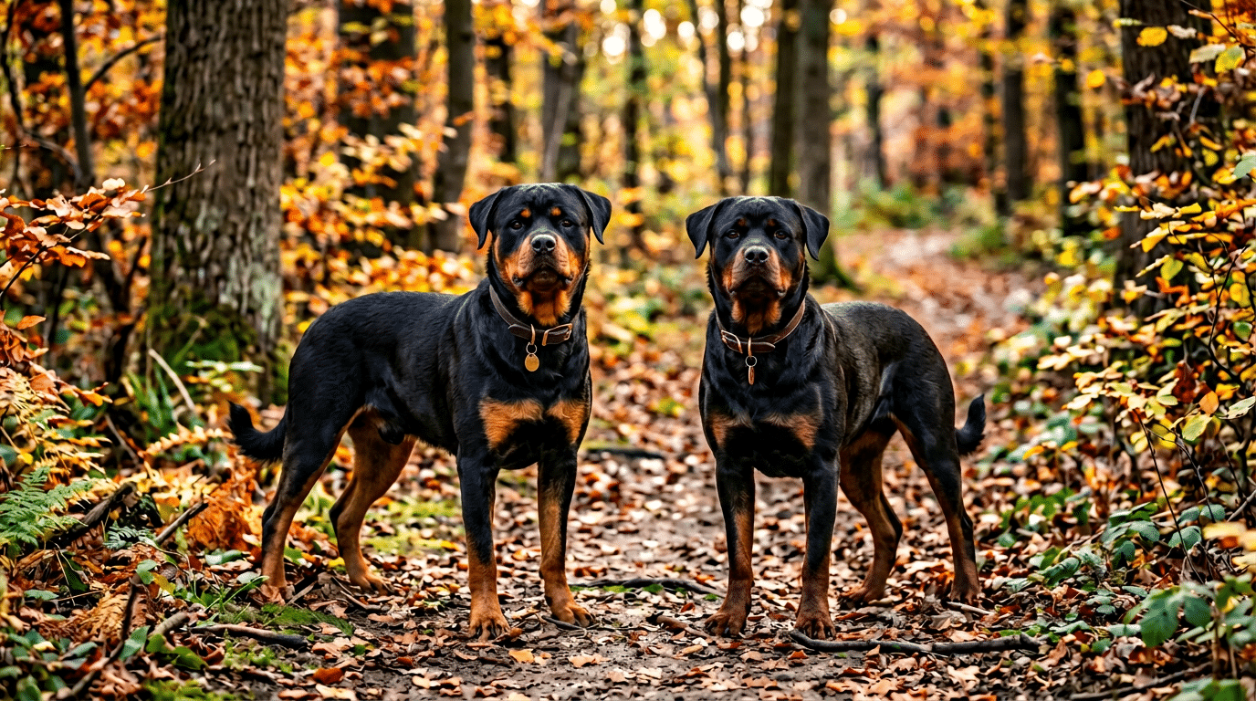 Two Rottweilers showing different marking shades side by side, tan versus mahogany