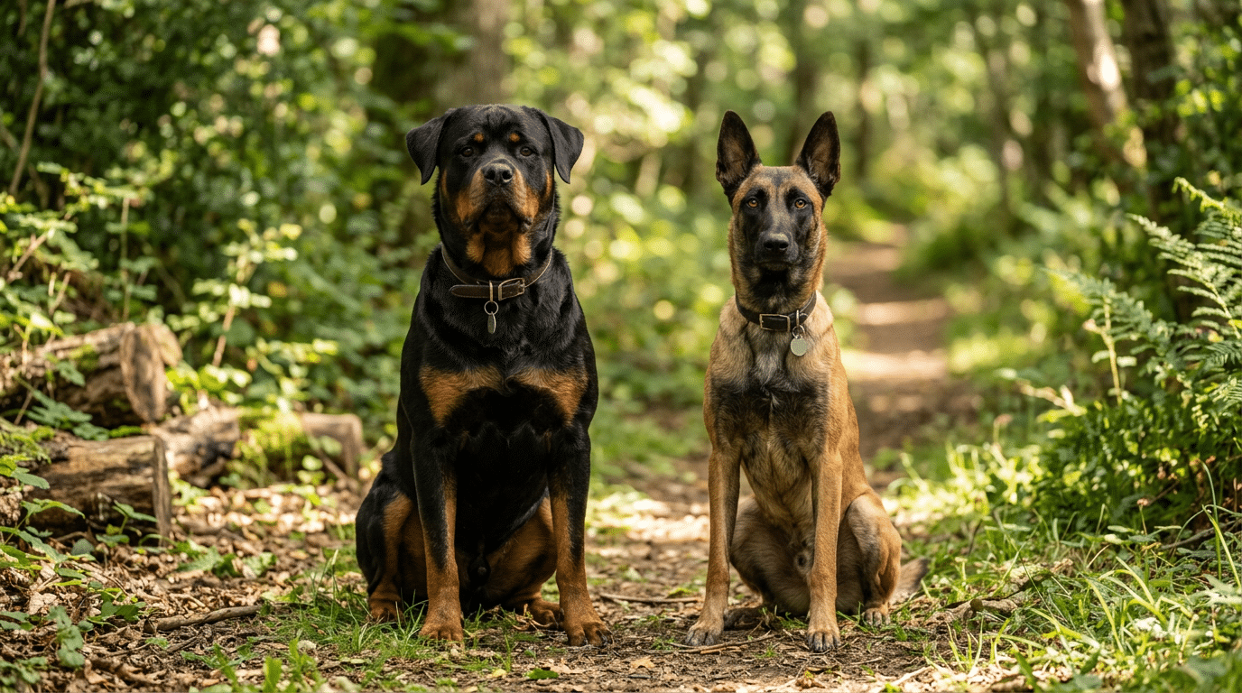Rottweiler sitting next to a Belgian Malinois outdoors, comparing two similar protective dog breeds