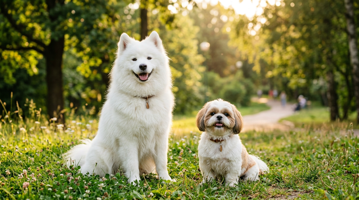 Samoyed and Shih Tzu sitting together representing two very different dog breeds that start with S