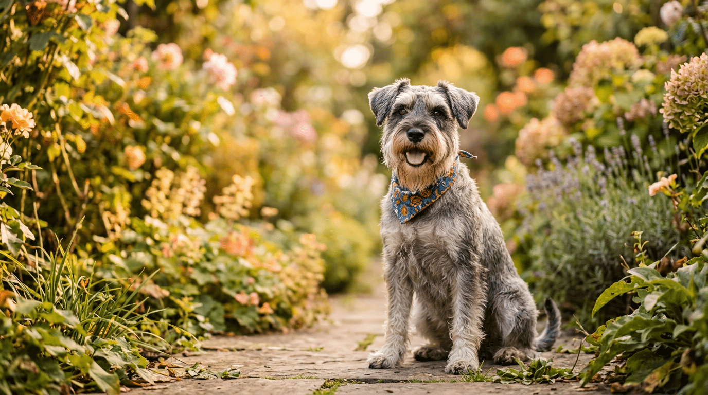 Happy male Schnauzer dog playing outdoors in garden