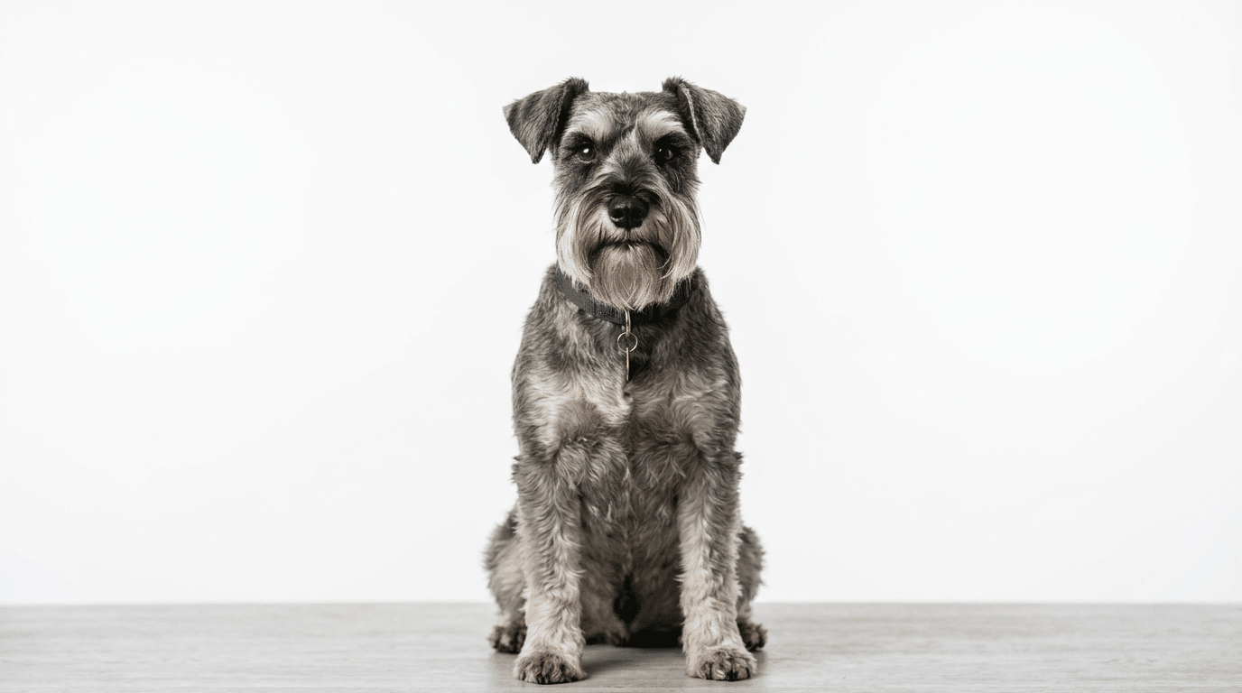 Male Schnauzer dog sitting proudly with distinctive beard and eyebrows