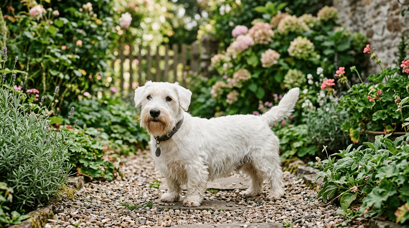 Sealyham Terrier with white coat and short chondrodystrophic legs