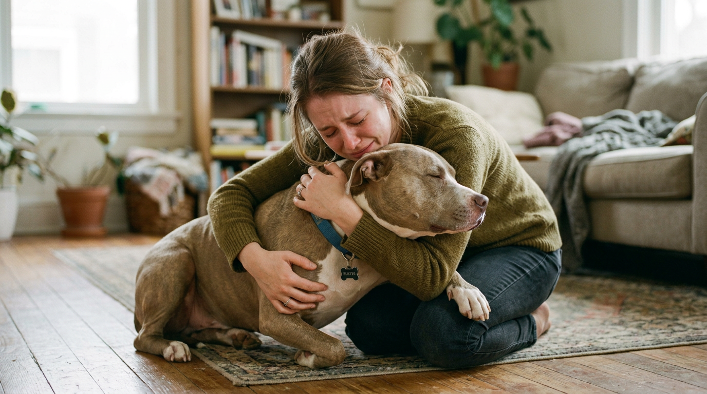 A woman hugging her Pit Bull dog in an emotional moment, illustrating the bond between owner and dog