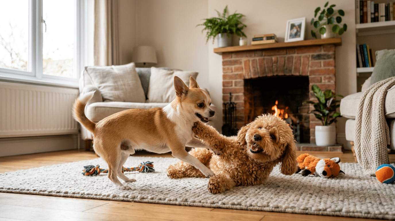 A Chihuahua and Toy Poodle playing together - two of the longest living dog breeds