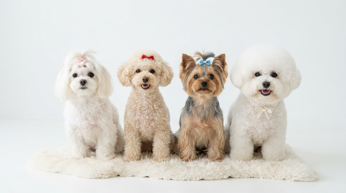 Group of small low-shedding dog breeds including Maltese, Poodle, Bichon Frise