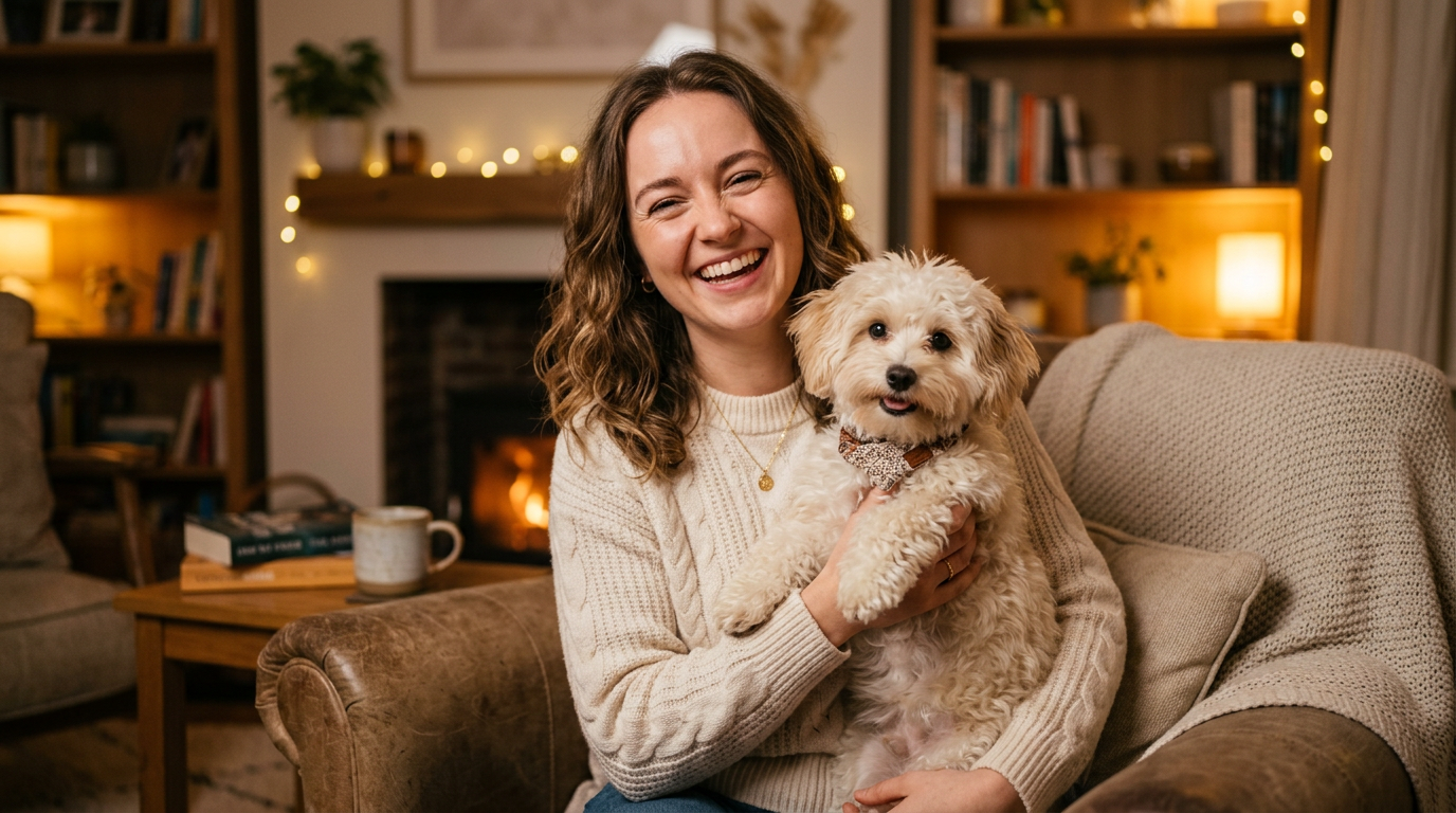 Woman holding a small non-shedding dog breed, enjoying life with a low-shed pet