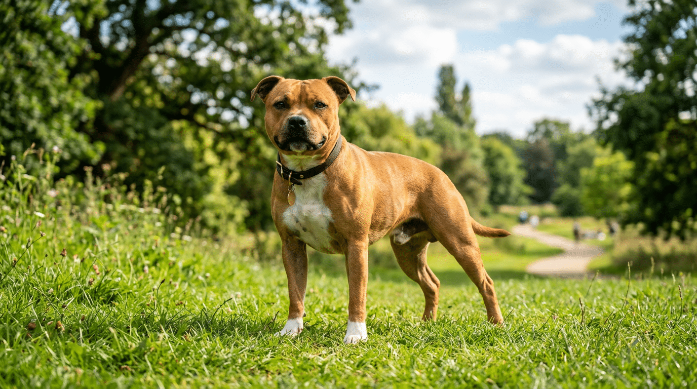 Healthy adult Staffordshire Bull Terrier at ideal weight standing in a park
