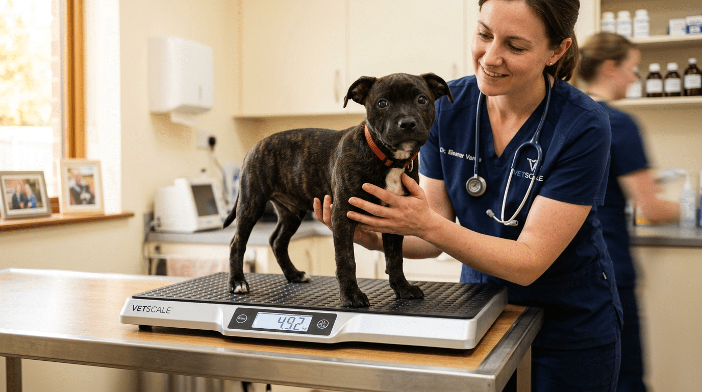 Staffordshire Bull Terrier puppy being weighed at the veterinarian clinic