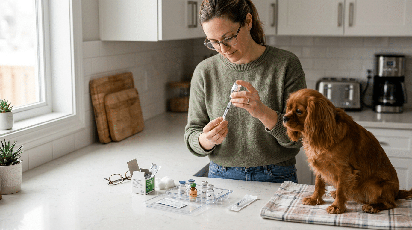 Dog owner preparing TB-500 subcutaneous injection at home