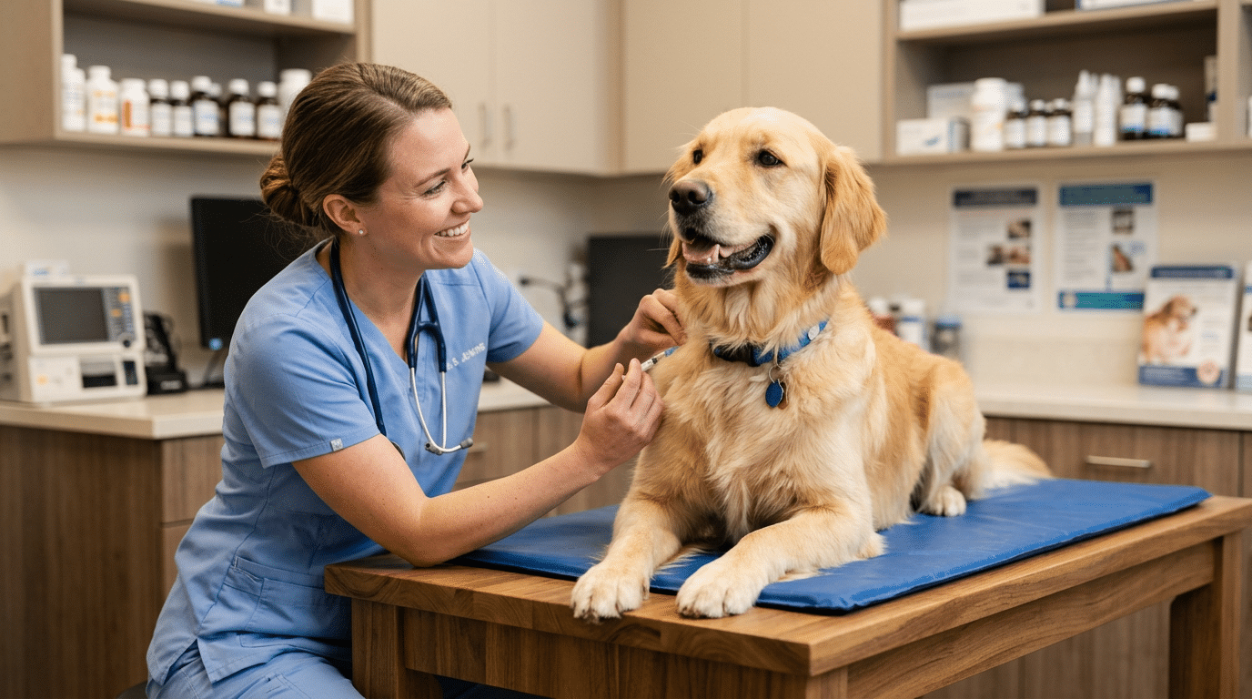 Veterinarian administering subcutaneous injection to a golden retriever dog