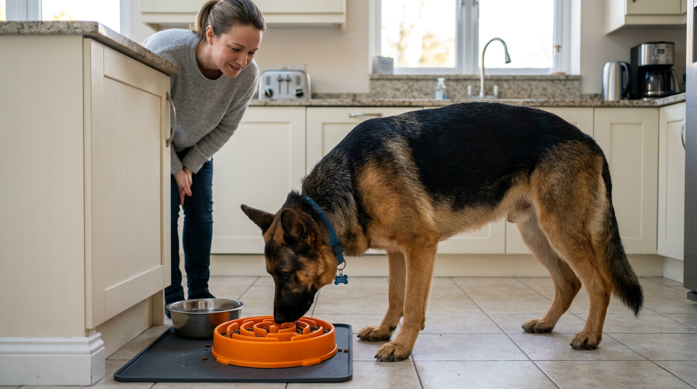 large dog using slow feeder bowl to prevent GDV and bloat