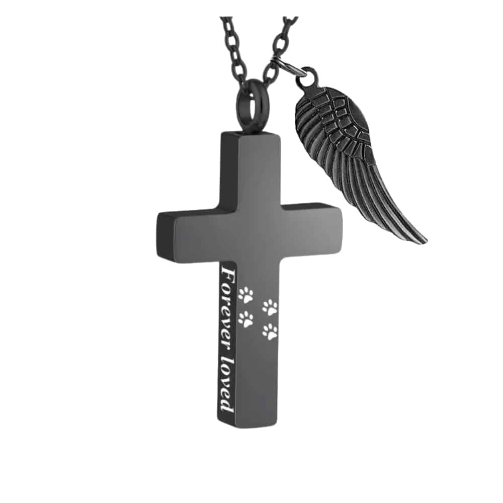 Forever Loved Pawprint Memorial Cross Urn Necklace - Black
