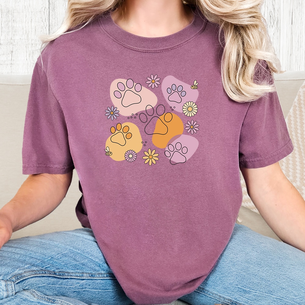 Comfort Colors Flower Power Paws Vintage Washed Tee - Berry