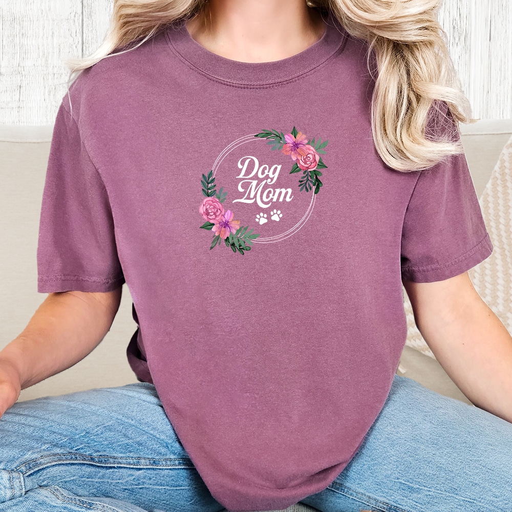 Comfort Colors Dog Mom Roses Vintage Washed Tee - Berry
