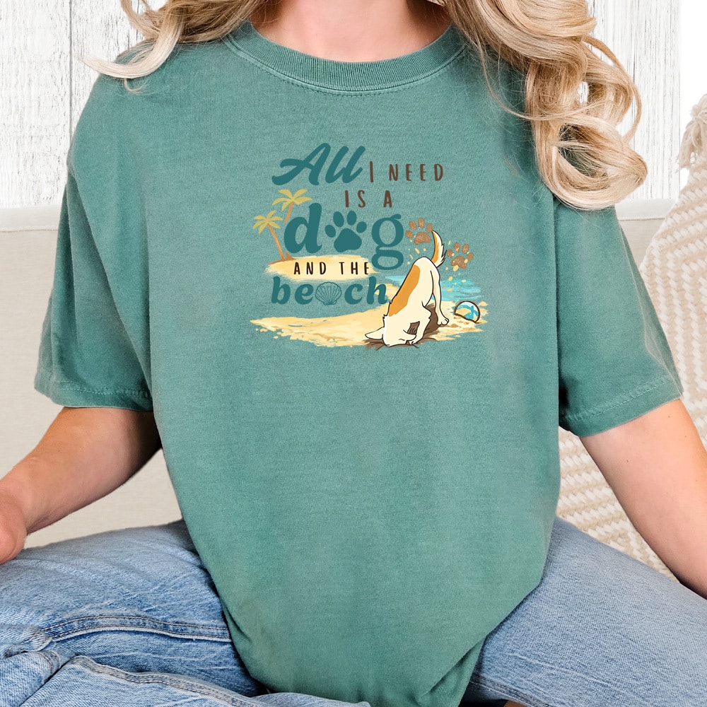 Comfort Colors All I Need Is A Dog And The Beach Vintage Washed Tee - Seafoam