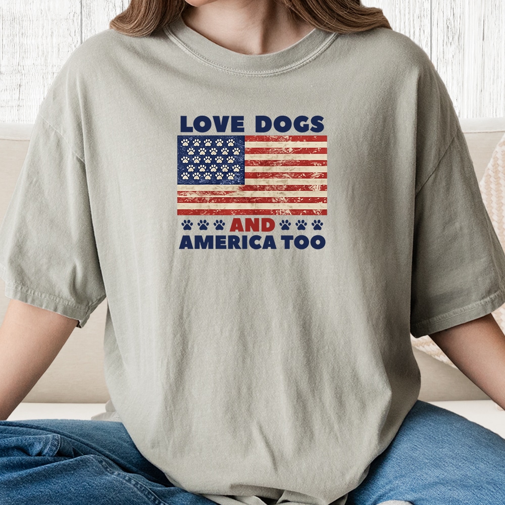 Comfort Colors Love Dogs And America Too Vintage Washed Tee - Sandstone
