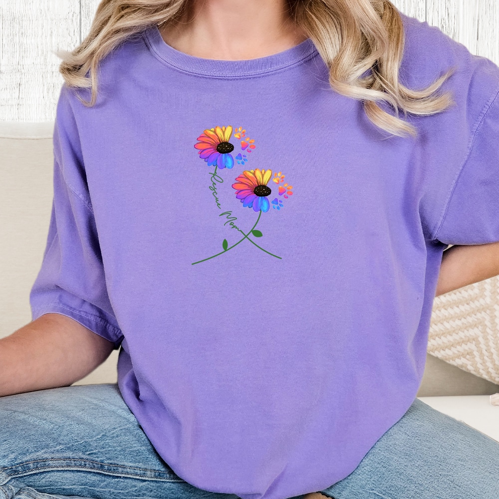 Comfort Colors Rescue Mom Flowers Vintage Washed Tee - Violet
