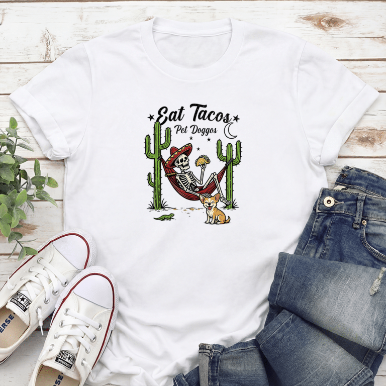 Eat Tacos Pet Doggos Skeleton Standard Tee White