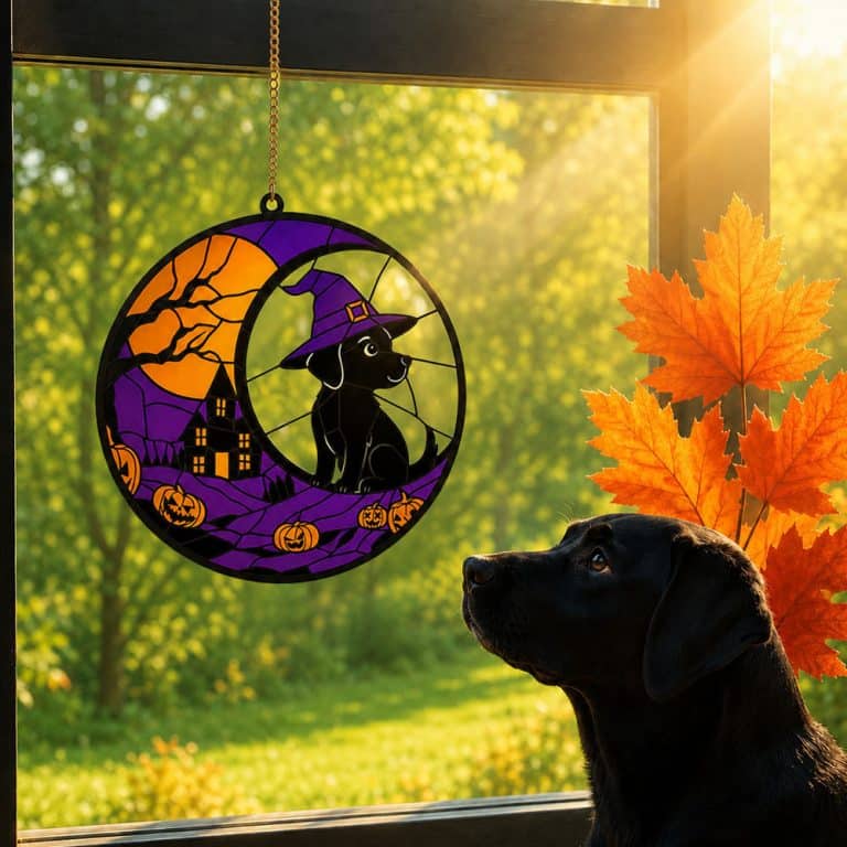 Halloween Black Dog Witch Hat & Haunted House – Handcrafted Acrylic Dog Window Ornament- Helps Feed Hungry Shelter Dogs in Need
