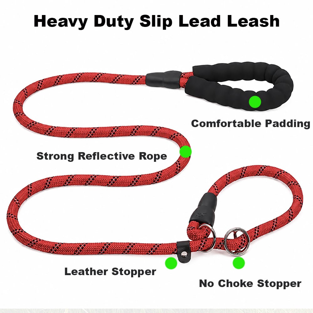 Heavy Duty Slip Lead Dog Leash - 6.5 ft , Strong Reflective Rope with Padded Neoprene Handle
