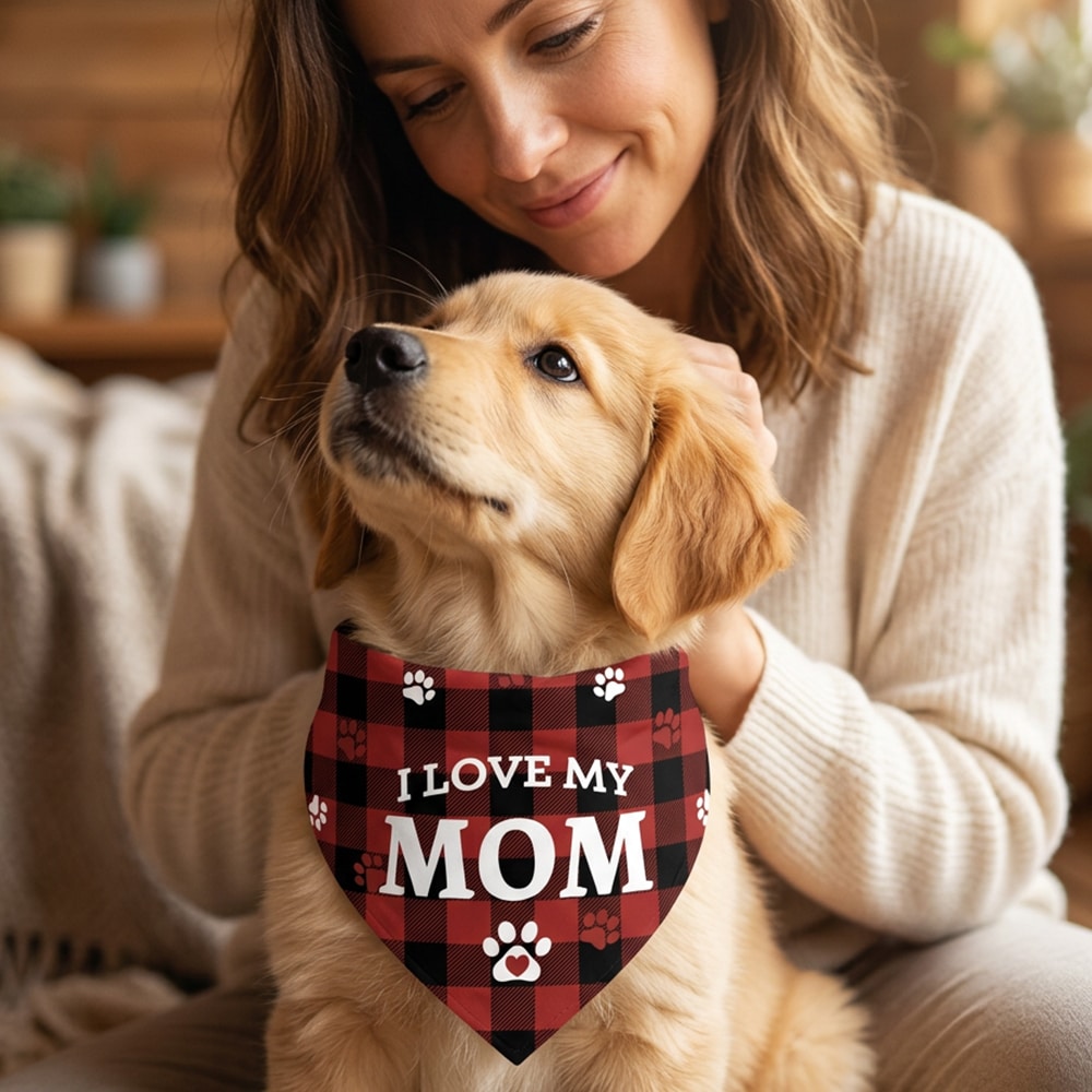I Love My Mom Buffalo Plaid Dog Bandana (S, M, L) - Helps Feed Shelter Dogs In Need