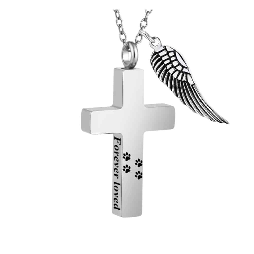 Forever Loved Pawprint Memorial Cross Urn Necklace - Silver