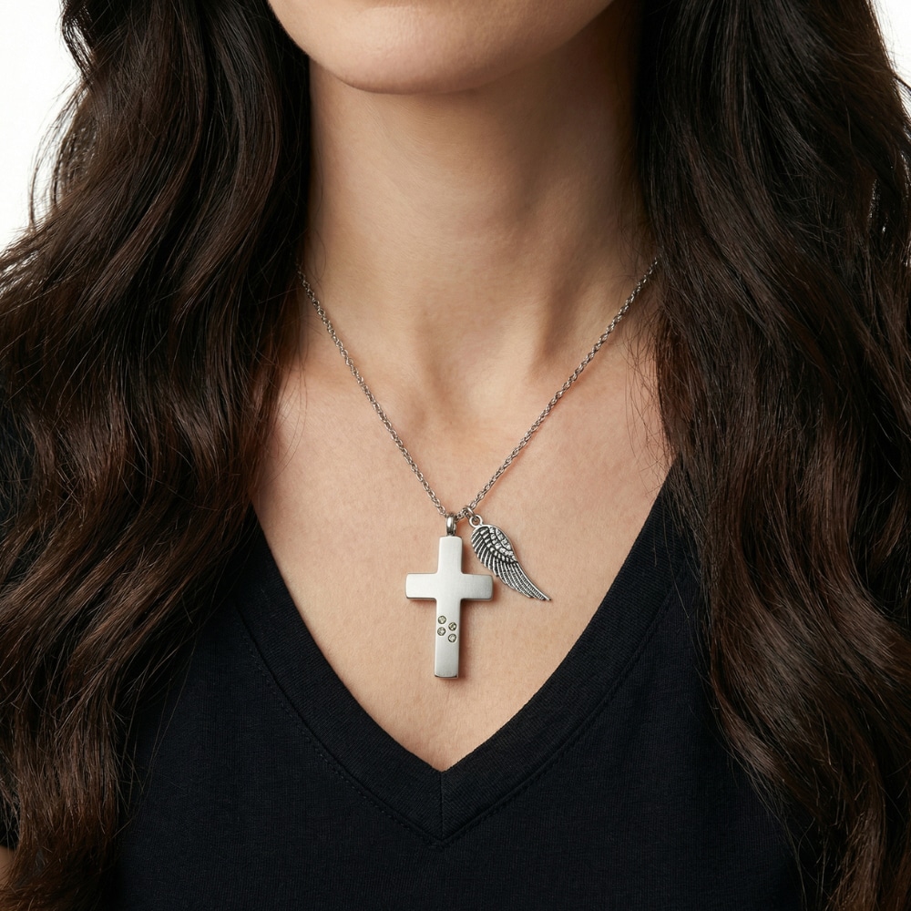 Forever Loved Pawprint Memorial Cross Urn Necklace - Silver - Image 2