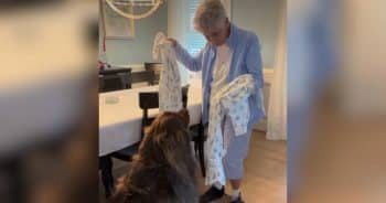 Grandmother sewing PJs for Chewy