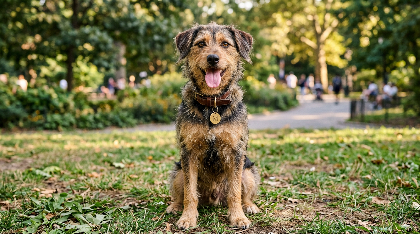 happy mixed breed dog with an M name tag sitting in a park