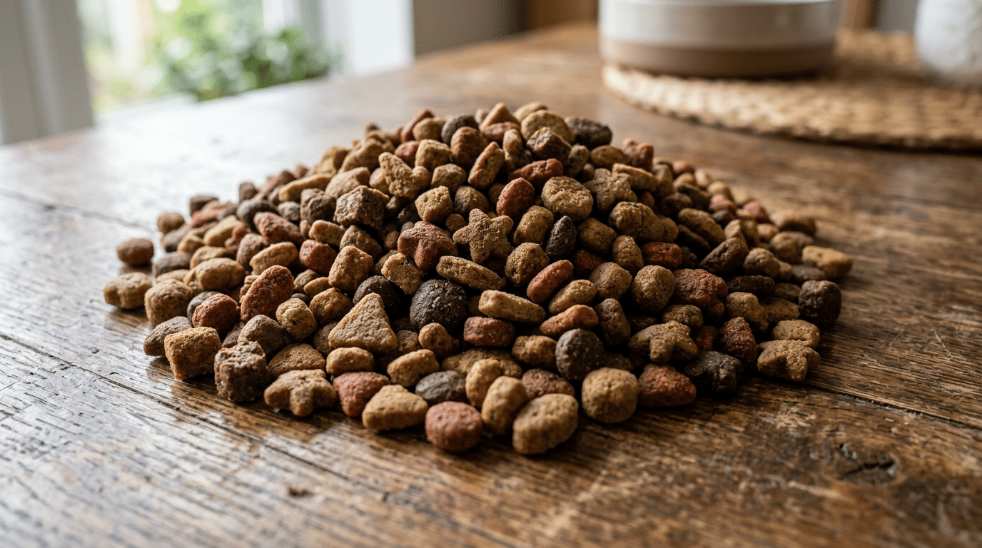 Close up of dry dog kibble pieces in various shapes on a wooden surface