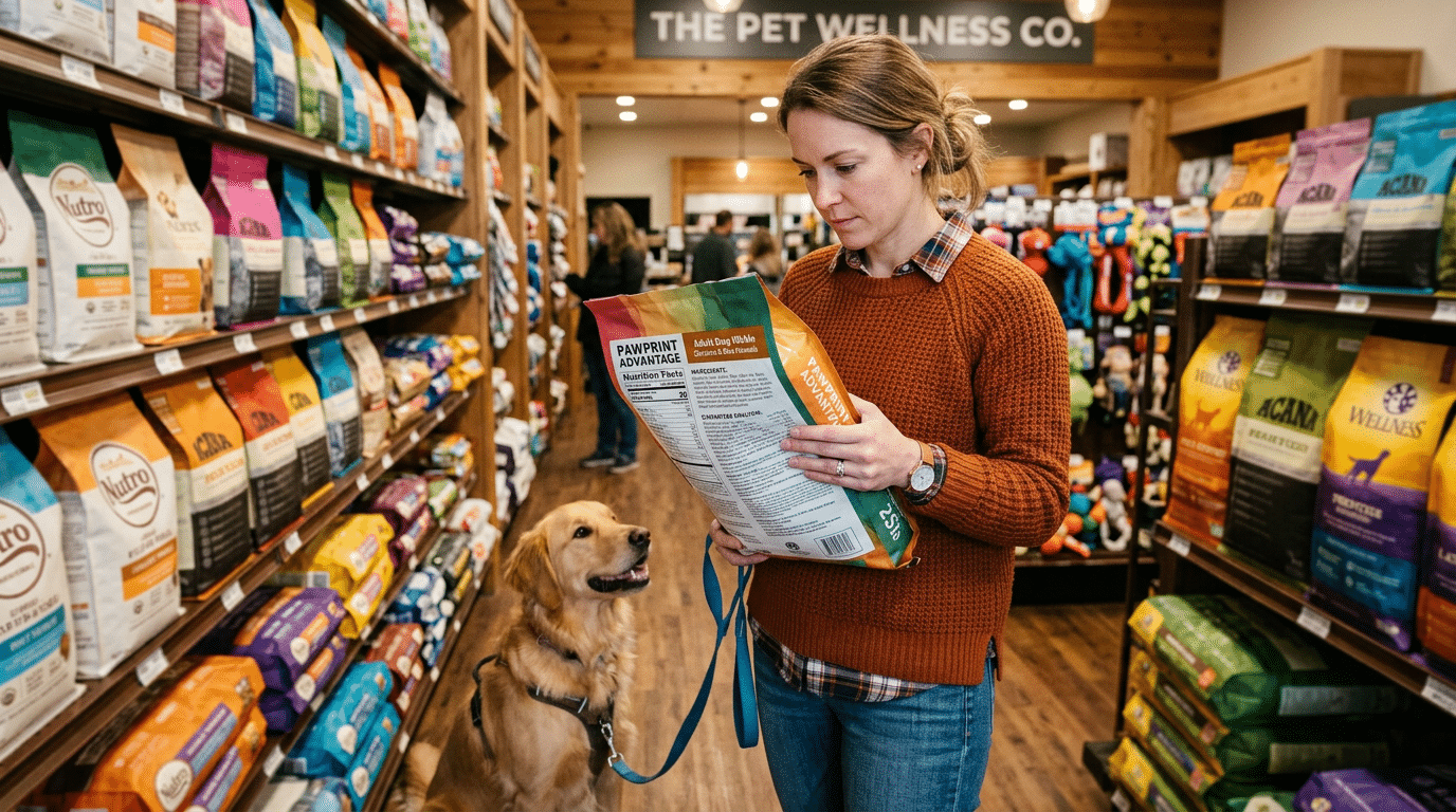 Dog owner reading ingredient label on a bag of dry dog food in a pet store