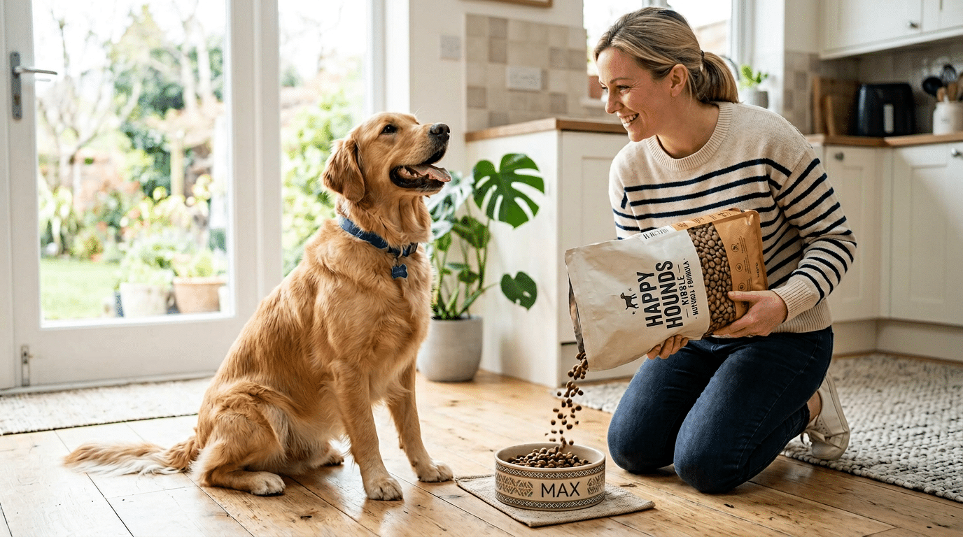 Happy dog sitting beside food bowl while owner pours dry kibble