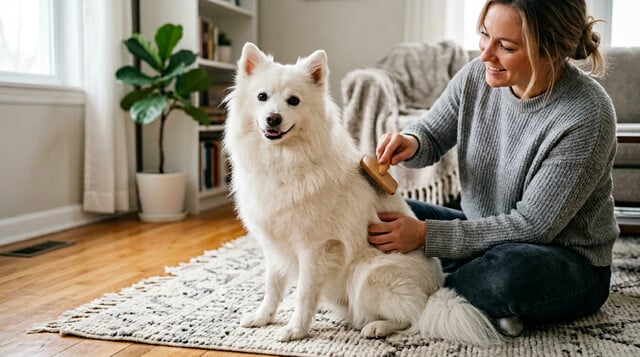 American Eskimo Dog being groomed at home