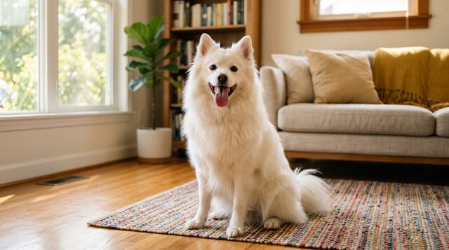 American Eskimo Dog relaxing in a sunlit living room